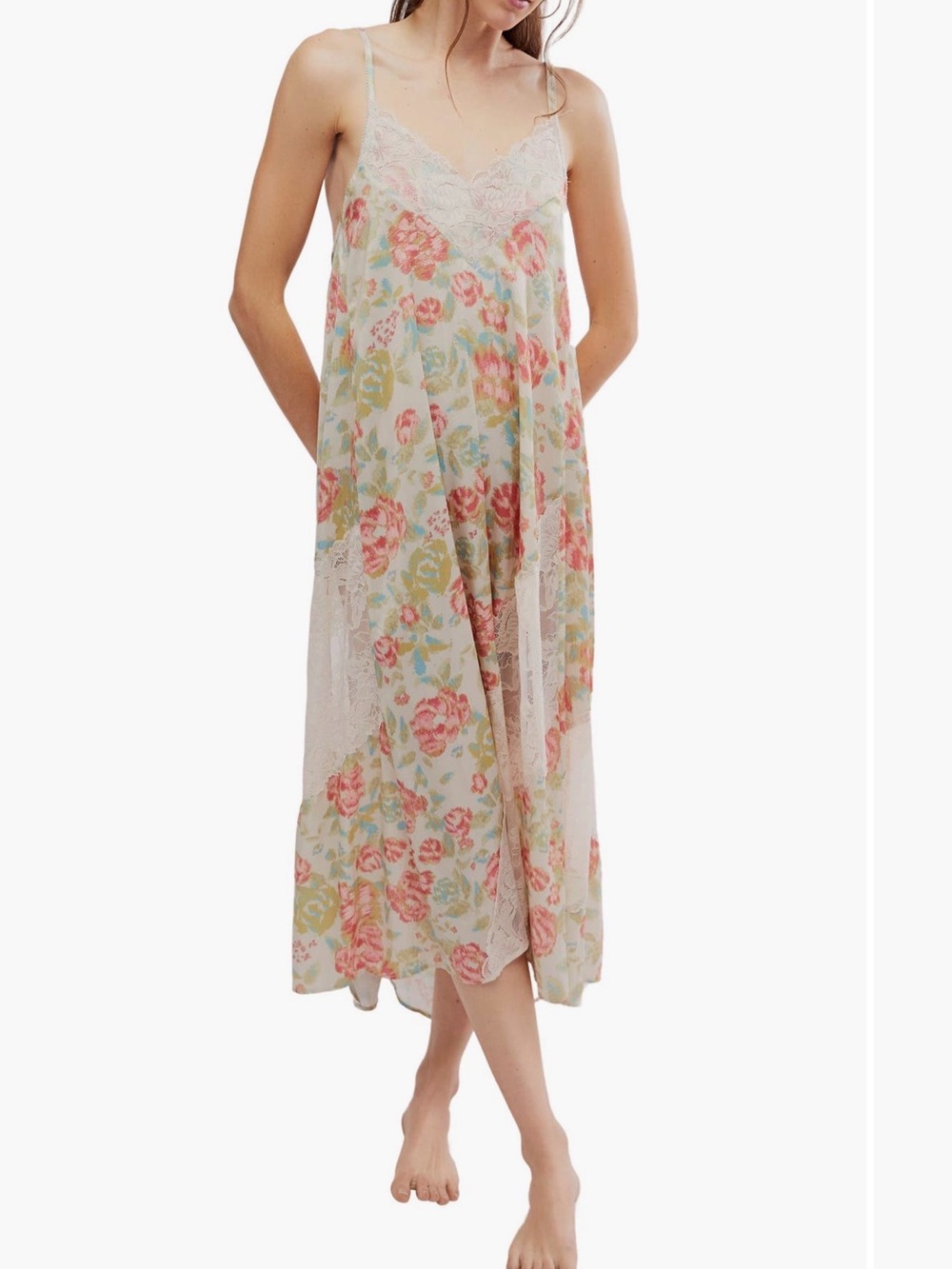 Floral Lace-Trim Slip Dress - Pastel Floral